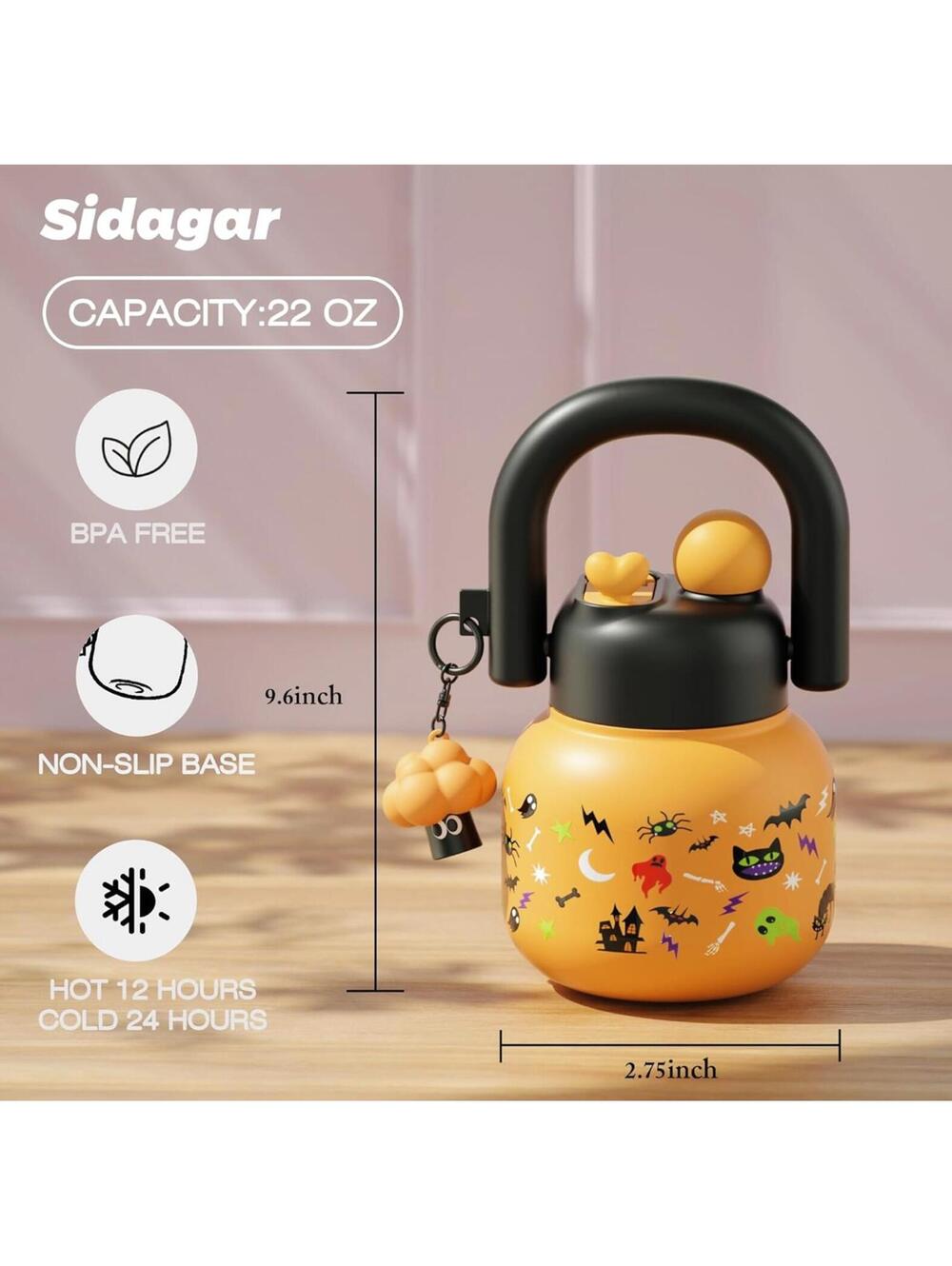 Sidagar 22 oz Halloween Themed Insulated Water Bottle with Leak Proof Lid and No